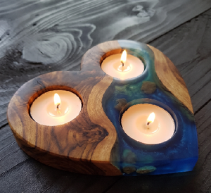 Porte-bougie en résine en forme de cœur et en bois d'acacia, porte-bougie pour mariage, cadeau de Noël - Product Image 1