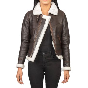 Women Dark <b>Brown</b> Distressed Real <b>Leather</b> <b>Jacket</b> White Faux Fur Trim Slim Fit Premium Sheepskin Winter Biker Outerwear Coat - Product Image 1