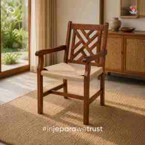 <b>Walnut</b> Solid Wood Arm <b>Dining</b> <b>Chair</b> with Woven Rattan Seat Geometric Back for Restaurant Hotel Villa - Product Image 1