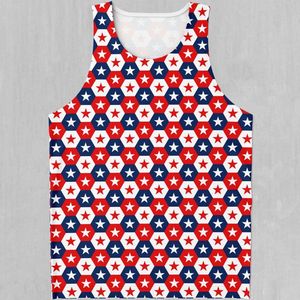 INDEX Men's Sleeveless <b>Tank</b> <b>Top</b> O-Neck Geometric Print Red <b>White</b> Blue Stars Pattern Breathable Knitted Sporty Fit Gym Wear - Product Image 5