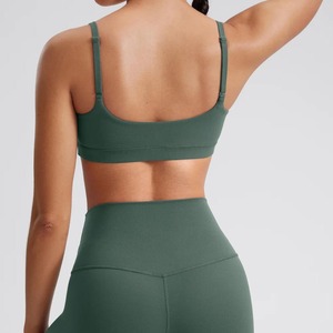 Women Seamless Square Neck Sports Bra <b>Spaghetti</b> Strap Medium Support Yoga Solid Green Stretch Fabric - Product Image 4