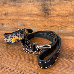 Laisse de chien en cuir repoussé à la main et collier de chien en cuir repoussé de tournesol ensemble Laisse de chien Durable de style occidental Laisse de chien personnalisée - Product Image 4