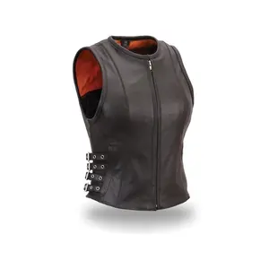 Custom Design leather motorcycle vest/ Waistcoat, Ladies Leather Biker Vest O-neck Front Zip Closure Brown Vest