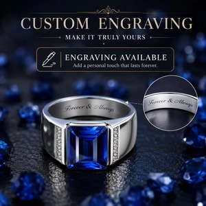 Bague de fiançailles pour homme en acier inoxydable plaqué platine avec saphir bleu taille émeraude, gravée sur mesure « Forever & Always » - Product Image 1