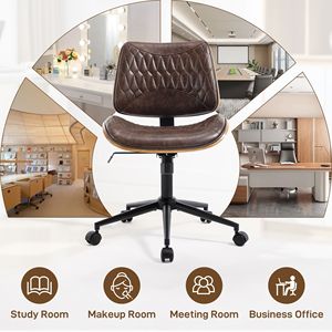 Sedia da Ufficio Girevole Moderna in Noce con Schienale in Legno Curvato e Rivestimento in Pelle PU, Senza Braccioli, Altezza Regolabile e Ruote per Scrivanie Piccole - Product Image 5