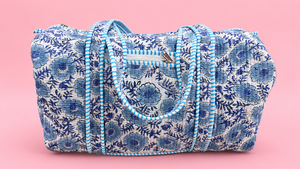 Fashty <b>Lifestyle</b> Blue Floral Quilted Luxury Duffel <b>Bag</b> Boho Tote Travel Gym Weekender Cotton Liner Zipper Closure Large Capacity - Product Image 2