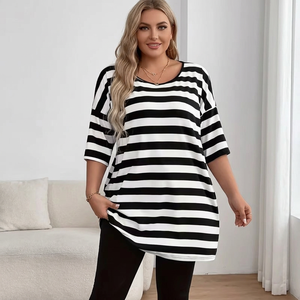 <b>Women's</b> Black White Striped Loose Fit Jersey Tunic Top Three Quarter Sleeve O Neck Casual <b>Long</b> Anti-Wrinkle Eco-Friendly All - Product Image 2