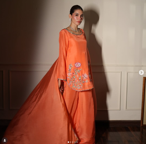 <b>Orange</b> Silk Satin Salwar Kameez Floral Embroidery Regular Fit Crop Length Traditional Indian Pakistani Women Wedding Wear SADIA - Product Image 2