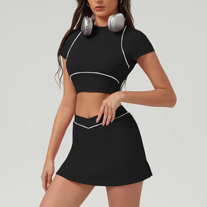 Ensembles de sport doux et unis pour femmes, tenues de yoga 2 pièces, vêtements de gym, ensemble crop top et jupe, leggings taille haute, pantalon de survêtement large - Product Image 4