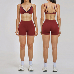 Seamless Yoga Set Deep V Neck Racerback Sports Bra High Waist Shorts Print Blue 2 Piece Workout Outfit Spandex Removable Padding - Product Image 4