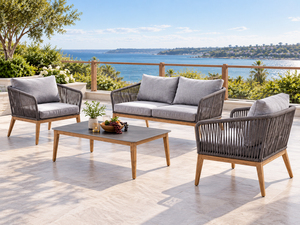 Ensemble de canapés d'extérieur contemporains en osier, 4 pièces, coussins gris, structure en bois, mobilier de conversation pour patio - Product Image 1