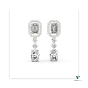 Boucles d'oreilles pendantes en or blanc 3,03 carats avec émeraude et diamant ovale cultivé en laboratoire, en or massif 18 carats - Product Image 5