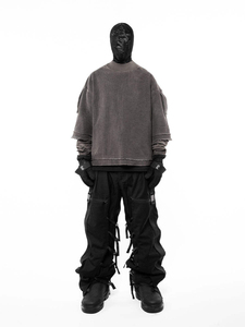 <b>Men's</b> Oversized Corduroy Sweatshirt High Collar Lantern Sleeve <b>Cropped</b> Washed Cotton Casual Streetwear <b>Top</b> - Product Image 5