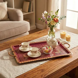Premium Rectangular Brass Serving Tray Antique Finish Floral Handcrafted Design for Hotel Hospitality Home Dining <b>Decor</b> Tablewar - Product Image 2