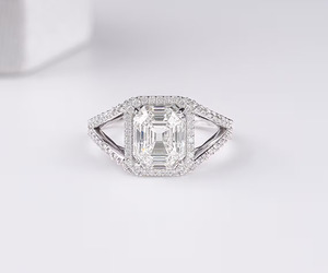 14K Gold Vintage Halo Engagement <b>Ring</b> Square Emerald Cut Lab <b>Diamond</b> <b>Ring</b> Antique Wedding <b>Ring</b> Split Shank <b>Ring</b> - Product Image 1