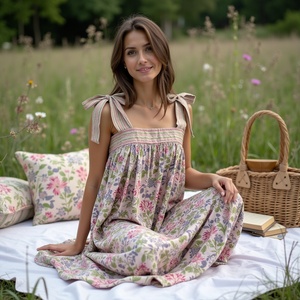 Robe Boho sans manches légère avec haut smocké à motif floral et épaules nouées Robe Maxi à bretelles avec nœud papillon pour femme Oignon - Product Image 2