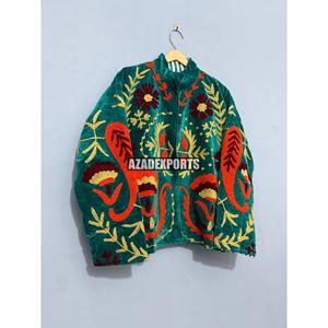 Hand Embroidered Woven Velvet Quilted Bohemian Blazer <b>Mandarin</b> <b>Collar</b> Full Sleeve Floral Pattern Women's Autumn <b>Jacket</b> - Product Image 2