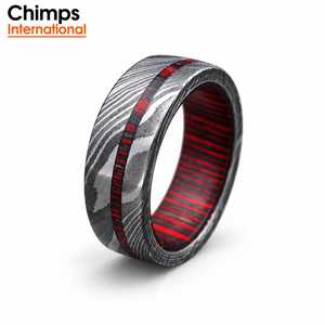 Chimps International Traditional Damascus <b>Steel</b> Wedding Band with Red Pakka Wood Inlay Unisex Ring | Damascus <b>Steel</b> <b>Jewelry</b> - Product Image 1