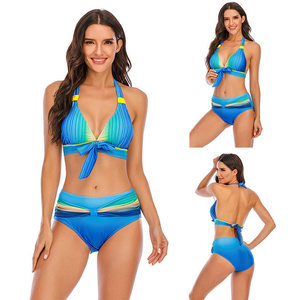 Conjunto de Bikini a Rayas con Cuello Halter para Mujer, Traje de Baño de Dos Piezas de Cintura Alta, Talla Grande, con Ribete en Contraste, Spandex y Poliéster - Product Image 6