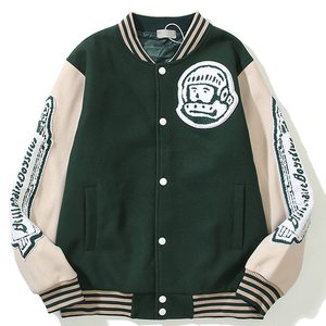 Blouson universitaire pour homme noir, beige, orange avec patch brodé astronaute, col rabattu, coupe droite, idéal pour l'automne - Product Image 3
