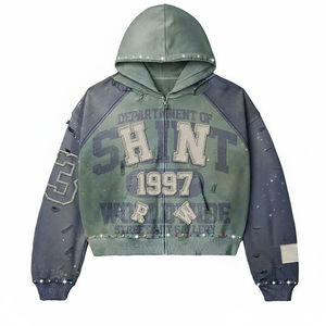 Ensemble de survêtement deux pièces en coton avec logo personnalisé, effet délavé vintage, coupe oversize, joggers déchirés et effet délavé à l'acide, style évasé - Product Image 2