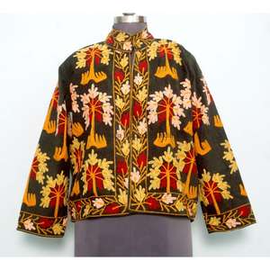 Chaqueta de mujer cálida para otoño/invierno con bordado floral, abrigo étnico hecho a mano, forro de algodón, estilo bohemio con logo frontal. - Product Image 1