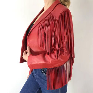 Econex Sports Red PU <b>Leather</b> Fringed Embroidered Varsity <b>Blazer</b> Women's Short Turn-down Collar Full Sleeve Breathable Casual - Product Image 2