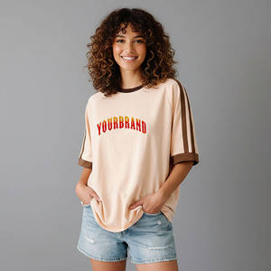 Custom Logo <b>Women's</b> Loose Fit Crew Neck T-Shirt With <b>Brown</b> Stripes Short Sleeve Solid Color Casual Spring Summer Cotton Jersey - Product Image 1