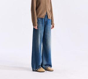 Jean en denim à jambe large pour femme, taille mi-haute, en coton délavé, longueur intégrale, décontracté, pour l'automne - Product Image 2