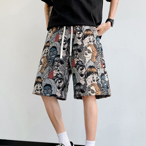 Pantalones Cortos Bermuda para Hombre, 100% Algodón, Cintura Media, Cierre con Cordón, Estampado de Caras de Dibujos Animados, Transpirables, Tejido Casual - Product Image 6