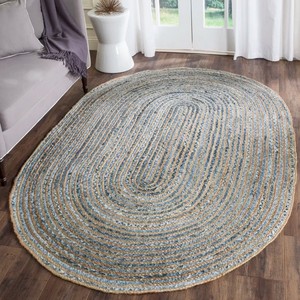 Tapis ovale en jute tressé, rayé bleu-gris, style côtier, réversible, à poils plats, pour salon - Product Image 3
