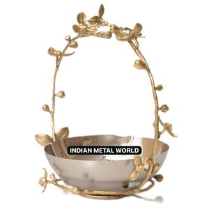 Gold Plated Metal Chocolate Bowl Handcrafted <b>Decorative</b> Serving Basket With <b>Twig</b> Handle For Wedding Centerpiece & Holiday Party - Product Image 2