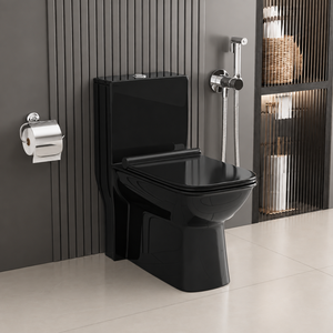 WC monobloc en céramique noir mat à poser au sol, double chasse, écologique, à fermeture lente, design moderne, pour villa et école, Cyclone - Product Image 1