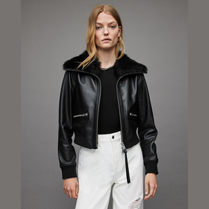 Chaqueta de cuero genuino para mujer, estilo casual, para invierno, corta, con ribete de piel, bordado, diseño de color sólido, chaqueta de cuero PU. - Product Image 1