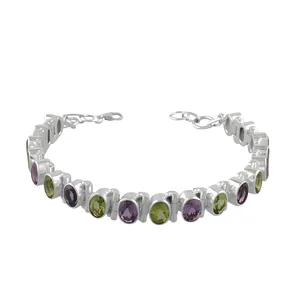 Pulsera de tenis de plata de ley 925 con piedras engastadas en bisel de amatista y peridoto, estilo clásico unisex, joyería de moda, regalo. - Product Image 5