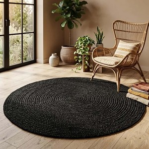 Black Round Jute <b>Rug</b>, Handwoven Natural Fiber <b>Boho</b> Carpet, Living Room Bedroom Decor - Product Image 5