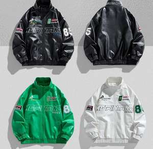 Chaqueta de Cuero Vintage Personalizada para Hombre, con Gráficos en Relieve, Cintura y Puños Elásticos, Color Negro Lavado - Product Image 4