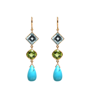 Pendientes de triple gota de turquesa natural, aguamarina y peridoto en oro amarillo macizo de 18 quilates – Gemas de corte mixto con engaste geométrico en bisel - Product Image 2