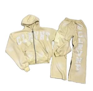 Survêtements évasés de qualité supérieure avec fermeture éclair et lavage à l'acide, jogging pour jambes, ensembles sweats à capuche et pantalons de survêtement pour hommes - Product Image 1