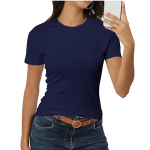 <b>Women's</b> <b>Navy</b> Blue Crew Neck Short Sleeve T-Shirt Slim Fit Casual Solid Color 100% Cotton Jersey Fabric Breathable All Seasons - Product Image 1
