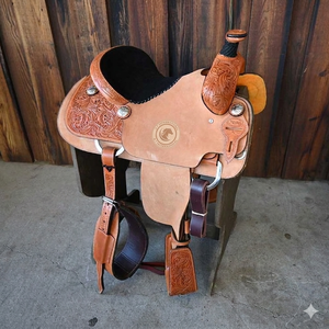Silla de montar western de cuero repujado con tallado floral, asiento acolchado, para equitación, senderismo, ranchería, y trabajos con lazos, con faldones y estribos. - Product Image 1