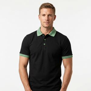 <b>Men's</b> Black <b>for</b> <b>Shirt</b> Green Collar Cuffs Short Sleeve Regular Fit Solid Color Casual Knit Pique Fabric 100% Cotton Anti-Wrinkle - Product Image 6
