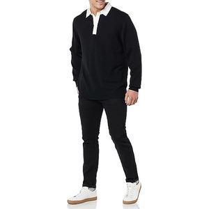 Suéter de Cuello Camisero Negro de Manga Larga para Hombre, Jersey de Algodón Sólido de Corte Regular para Todas las Temporadas - Product Image 3