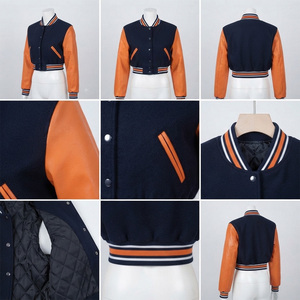 Veste de baseball pour femme REDDITO, bleu marine et orange, en laine, manches longues, logo lettre L brodé, col à capuche, longueur normale, imperméable - Product Image 5