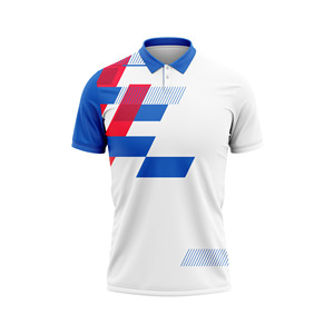 เสื้อโปโลผ้าสแปนเด็กซ์/โพลีเอสเตอร์ไร้ตะเข็บแบบสั่งทำพิเศษสำหรับผู้ชายและผู้หญิง สีแดงน้ำเงินลายทางพิมพ์ แห้งเร็ว ระบายอากาศได้ดี ซับเหงื่อ ยืดได้สี่ทิศทาง - Product Image 1