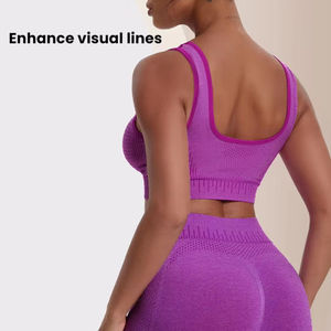 Ensemble de yoga sans couture taille haute pour femme, soutien-gorge de sport dos nageur violet uni et short en maille respirant en Spandex et Polyester, 2 pièces - Product Image 3