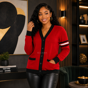 Cardigan en acrylique personnalisé avec logo Cosh International, tricoté pour les sororités, pull rouge avec bordure noire et rayures blanches - Product Image 4