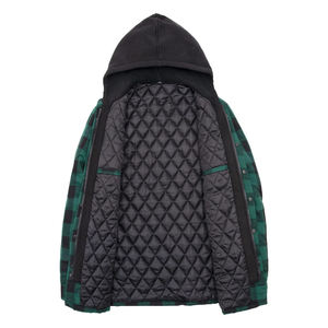 Men's Green Plaid Hooded <b>Flannel</b> Shirt <b>Jacket</b> With Quilted Lining Windproof Casual Winter Wear Regular Fit - Product Image 2