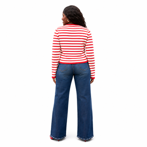 Cárdigan de Punto Personalizado para Mujer, Rayas Rojas y Blancas, Manga Larga, Cuello Redondo, Botones al Frente, Estilo Casual, Largo Regular - Product Image 2