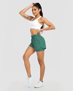 Shorts Deportivos de Cintura Alta para Mujer, Color Verde Sólido, Cintura Elástica, Secado Rápido, Tejido de Punto, con Bolsillos, Corte Regular - Product Image 3